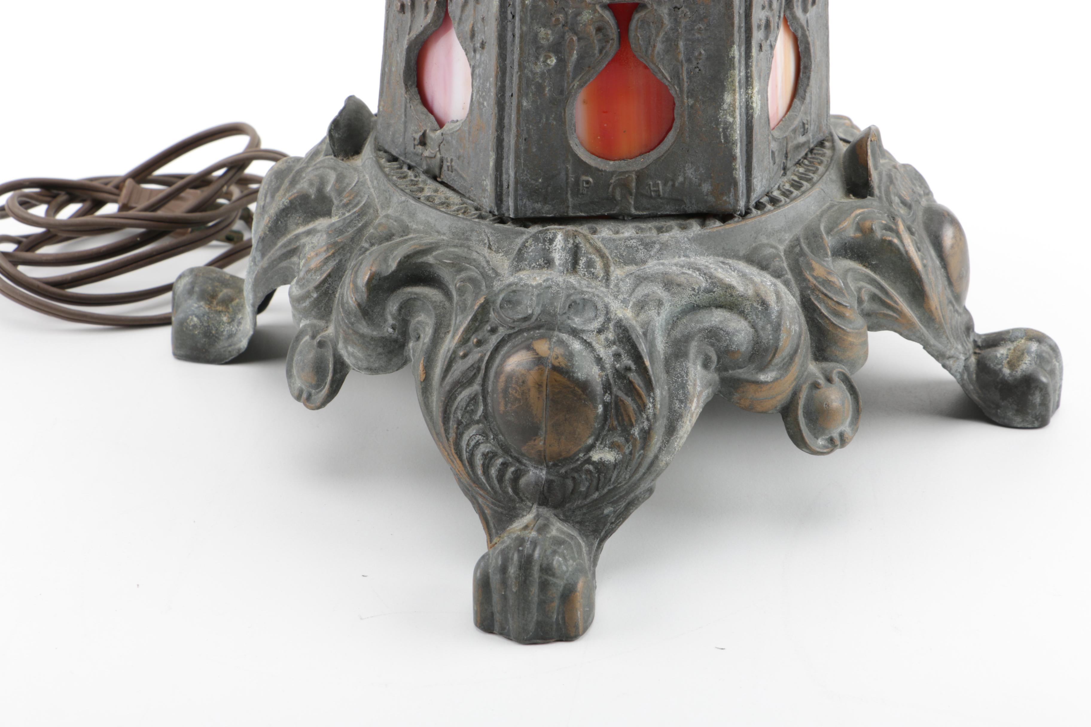 Antique PEH Cast Spelter and Slag Glass Table Lamp