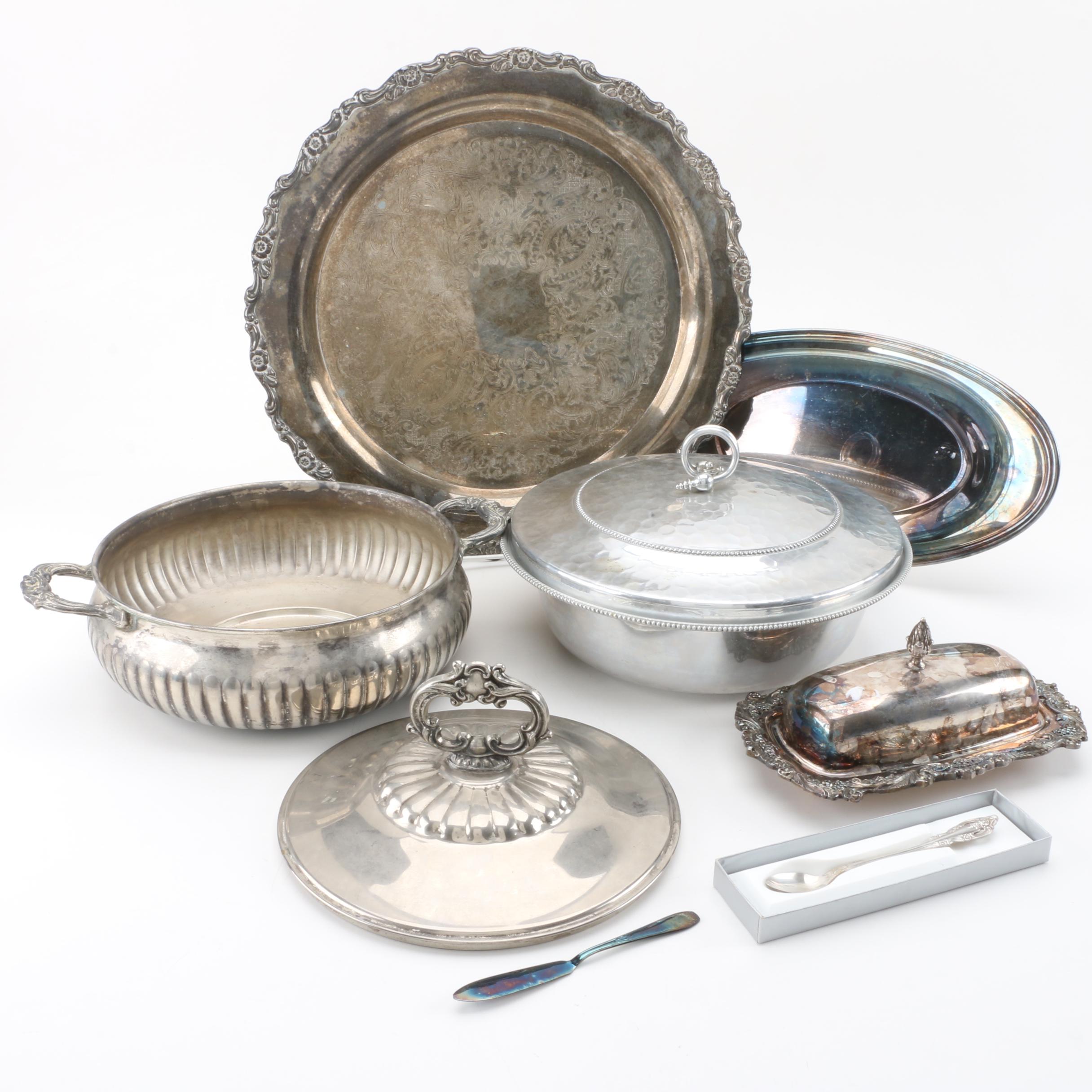 Sheffield Chased Silver Plate Butter Dish with Vintage Silver Plate Serveware