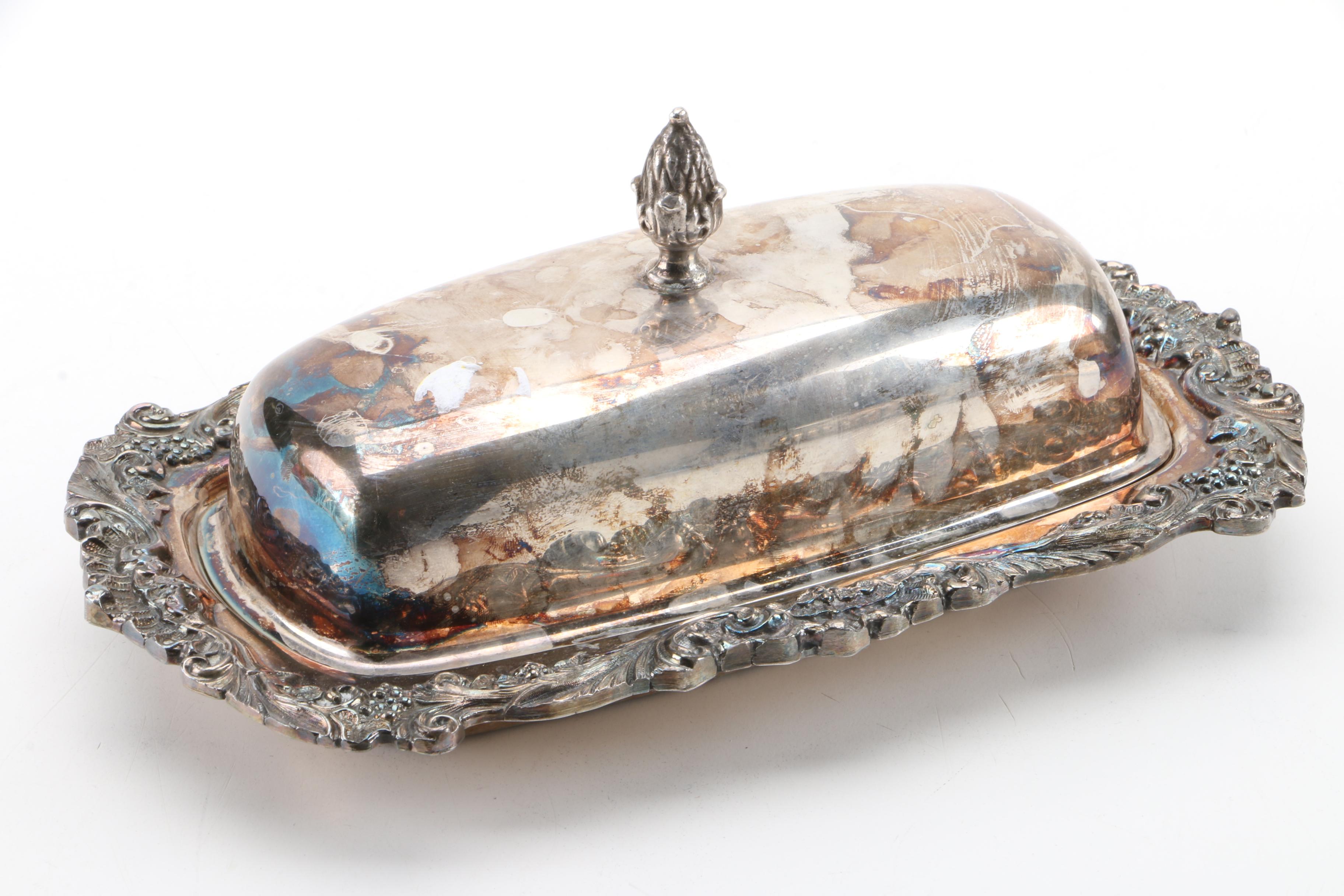 Sheffield Chased Silver Plate Butter Dish with Vintage Silver Plate Serveware
