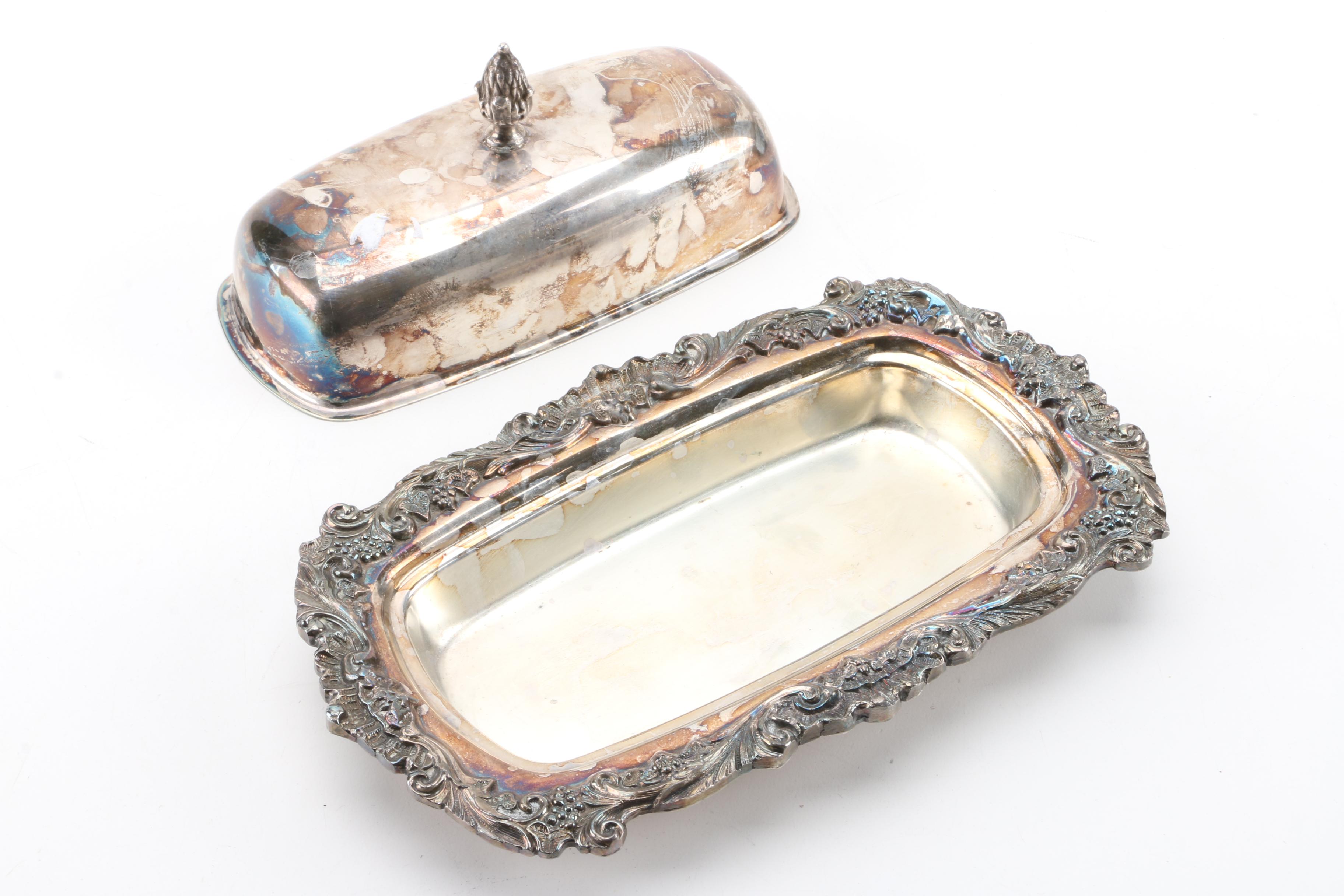 Sheffield Chased Silver Plate Butter Dish with Vintage Silver Plate Serveware