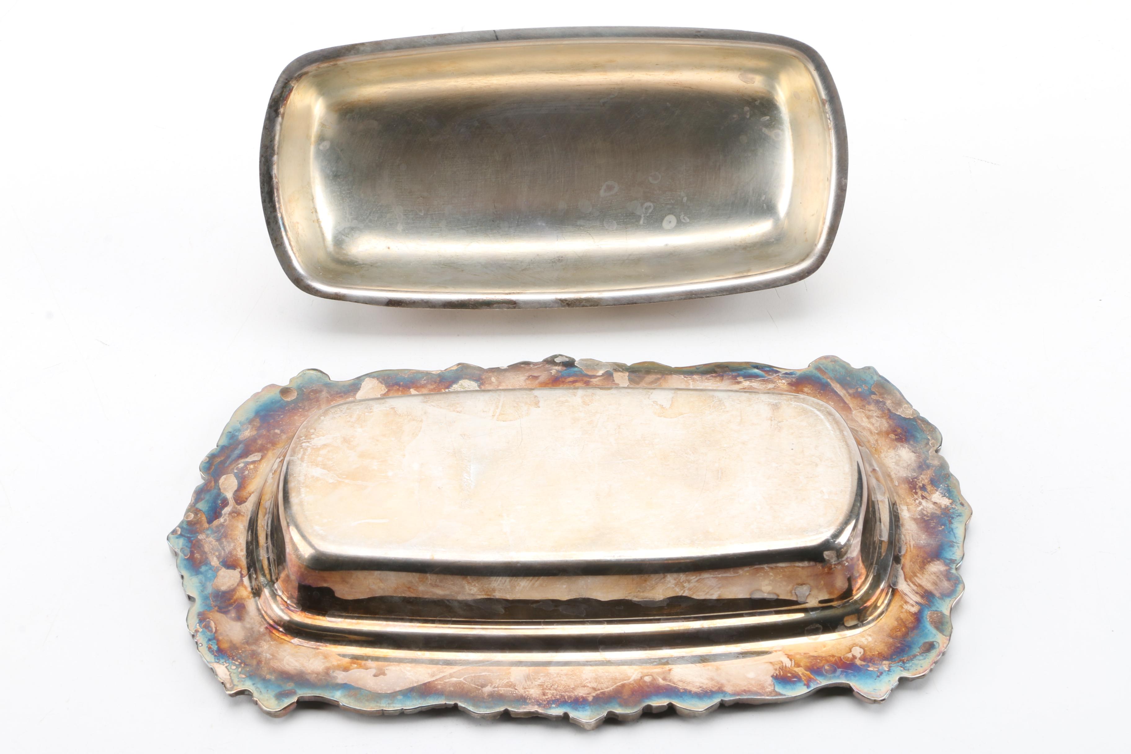 Sheffield Chased Silver Plate Butter Dish with Vintage Silver Plate Serveware