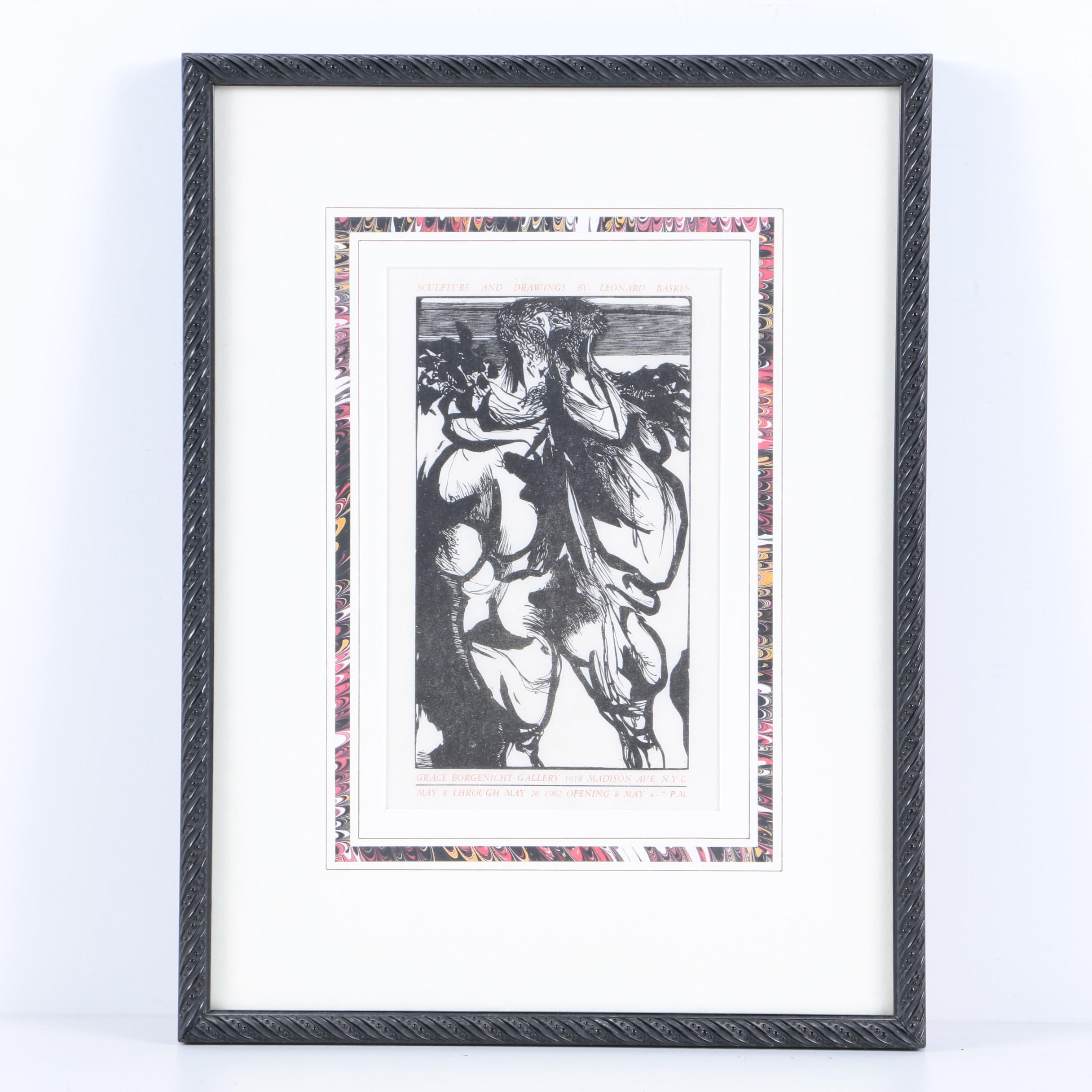 Leonard Baskin Exhibition Handbill Featuring Wood Engraving