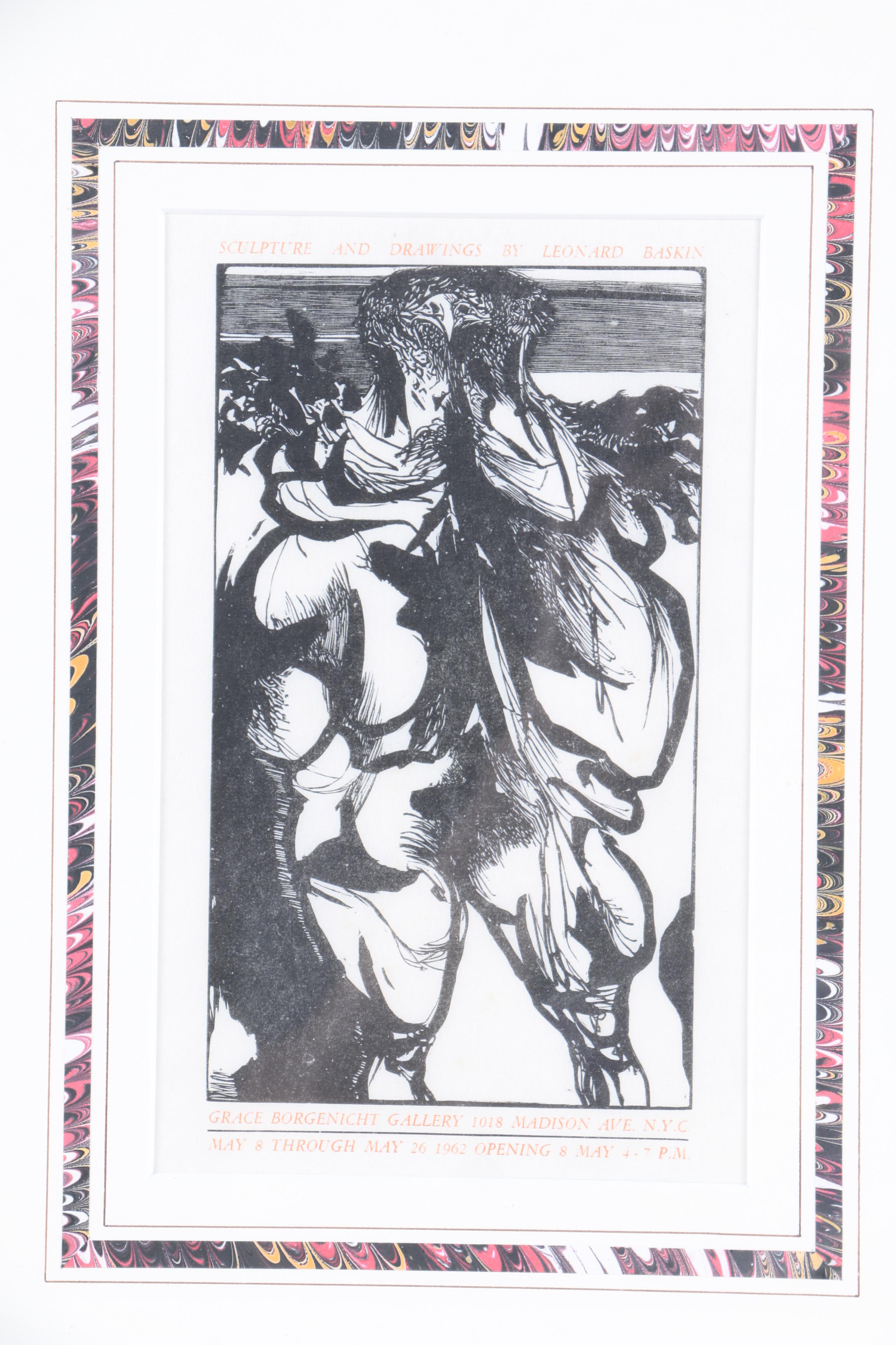 Leonard Baskin Exhibition Handbill Featuring Wood Engraving