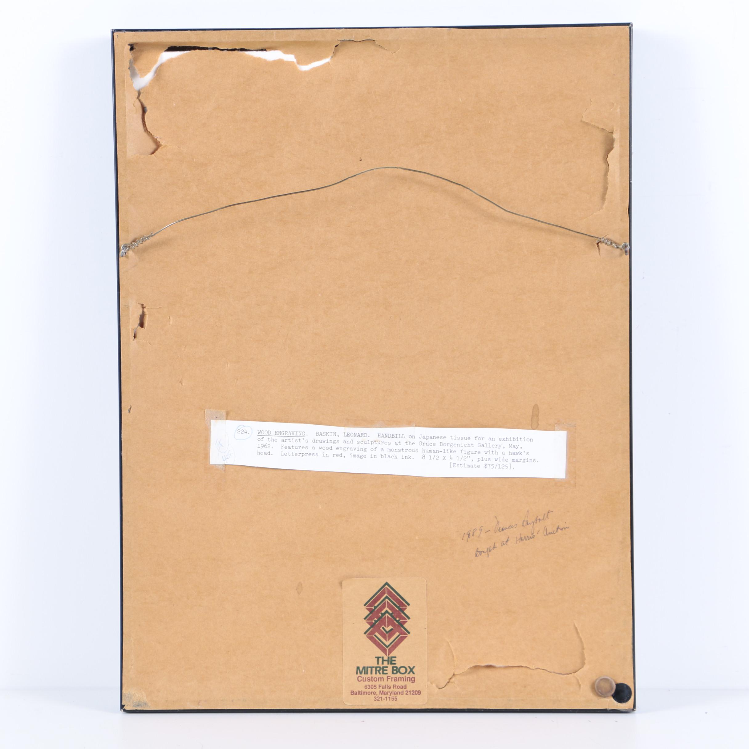 Leonard Baskin Exhibition Handbill Featuring Wood Engraving