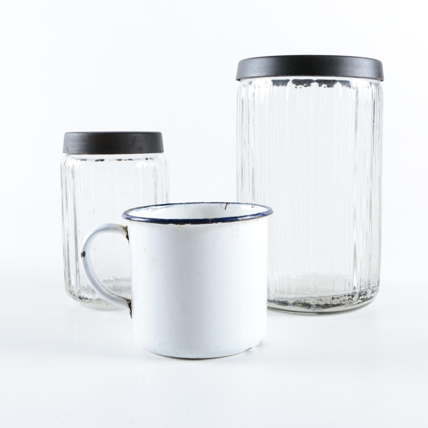 Glass and Metal Kitchen Canisters and Enamelware Mug