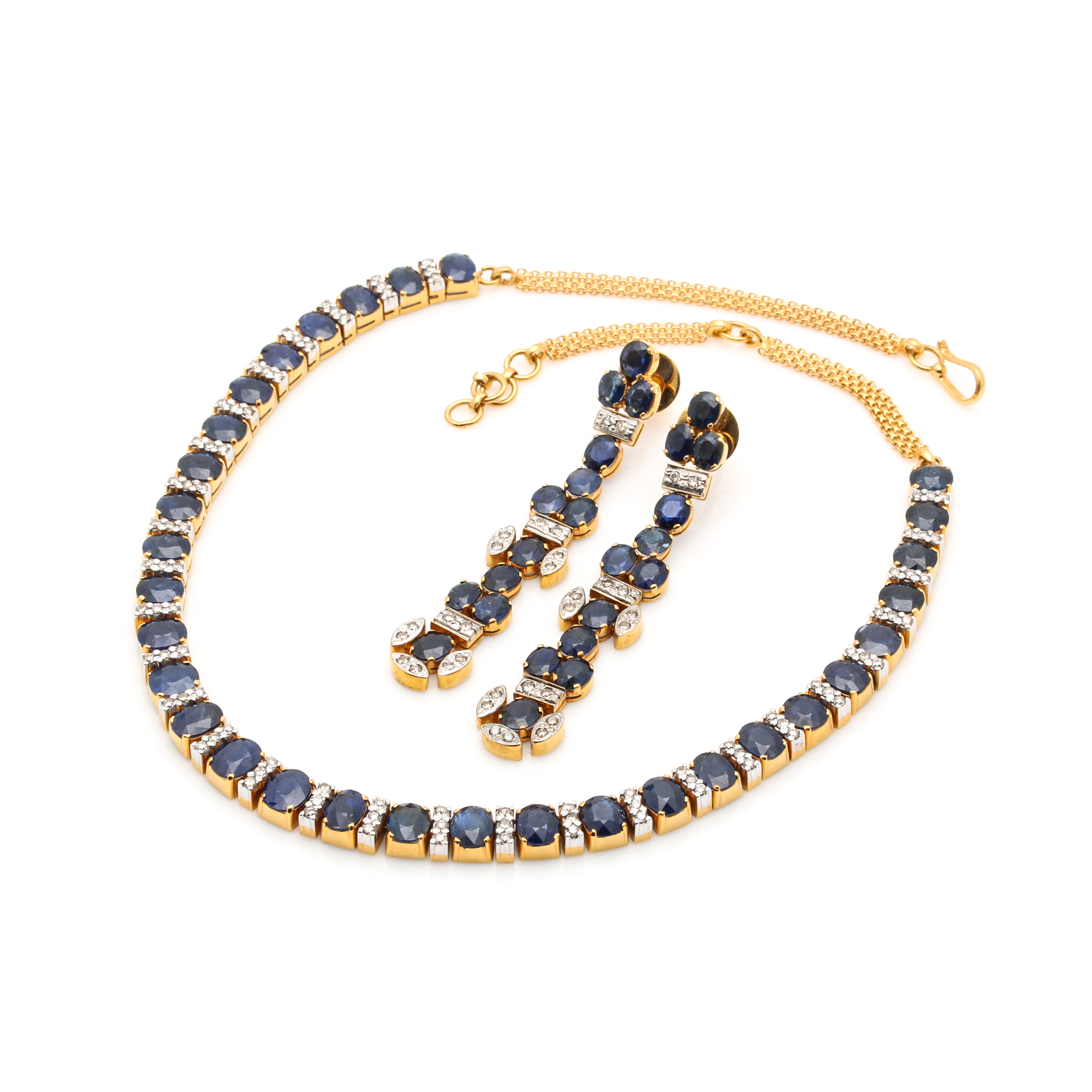 18K Yellow Gold 37.50 CTW Sapphire and 1.47 CTW Earrings and Necklace Selection