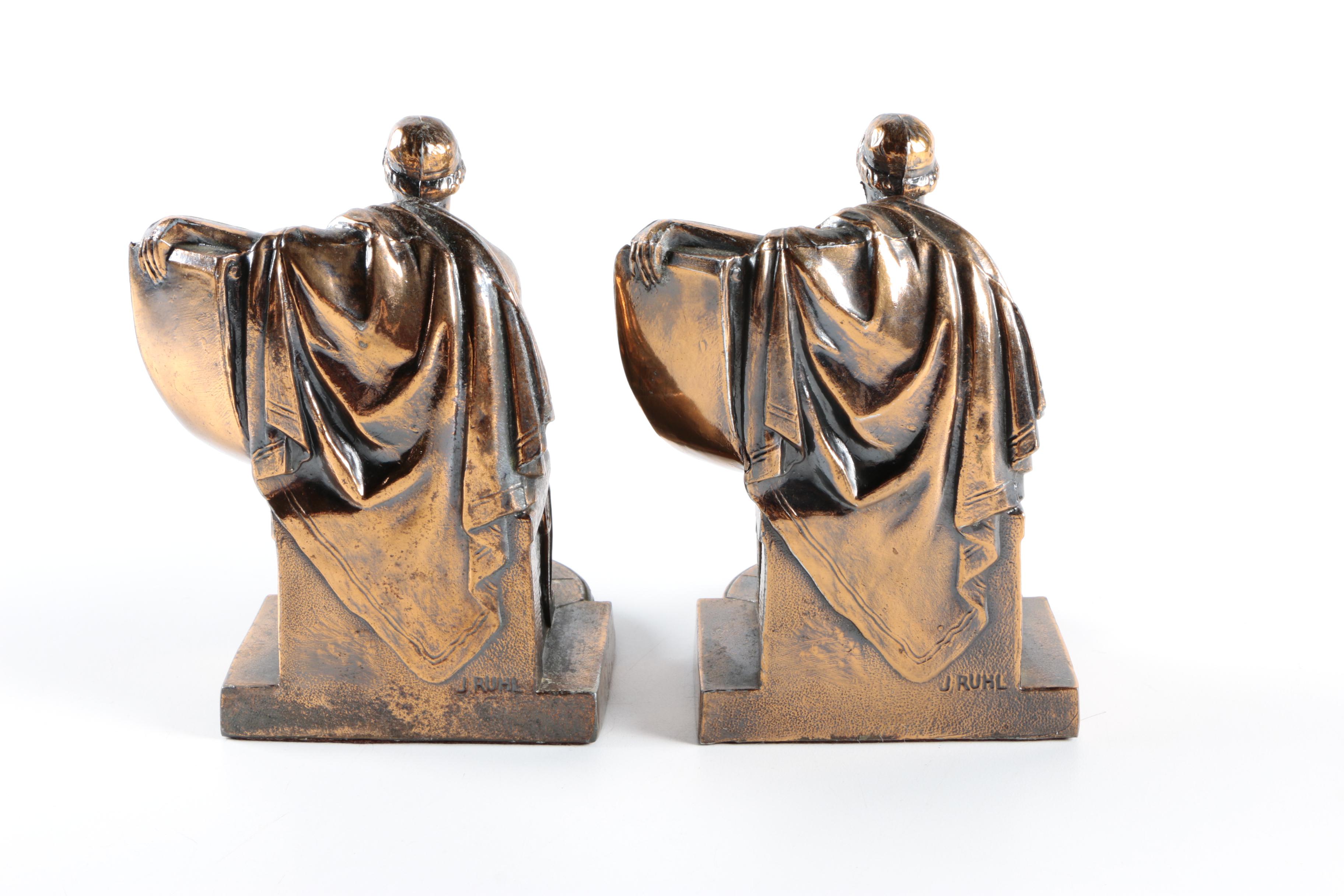 1930s John Ruhl Sculpted Bronze Clad Roman Scholar Bookends
