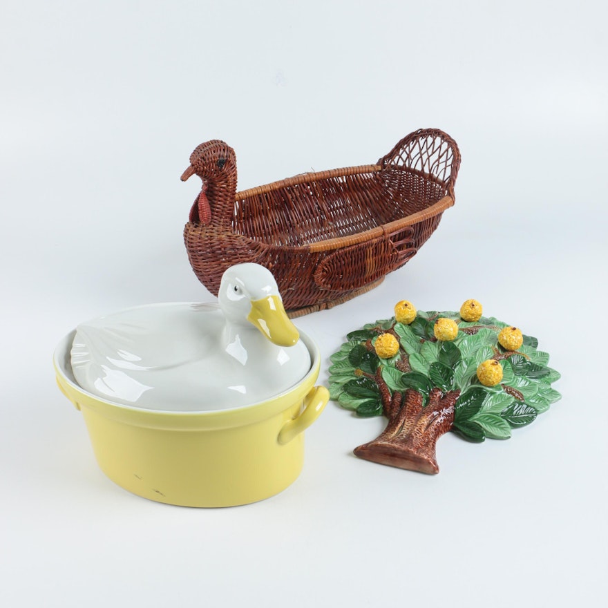 Duck Tureen, Turkey Basket, and Italian Ceramic Wall Decor