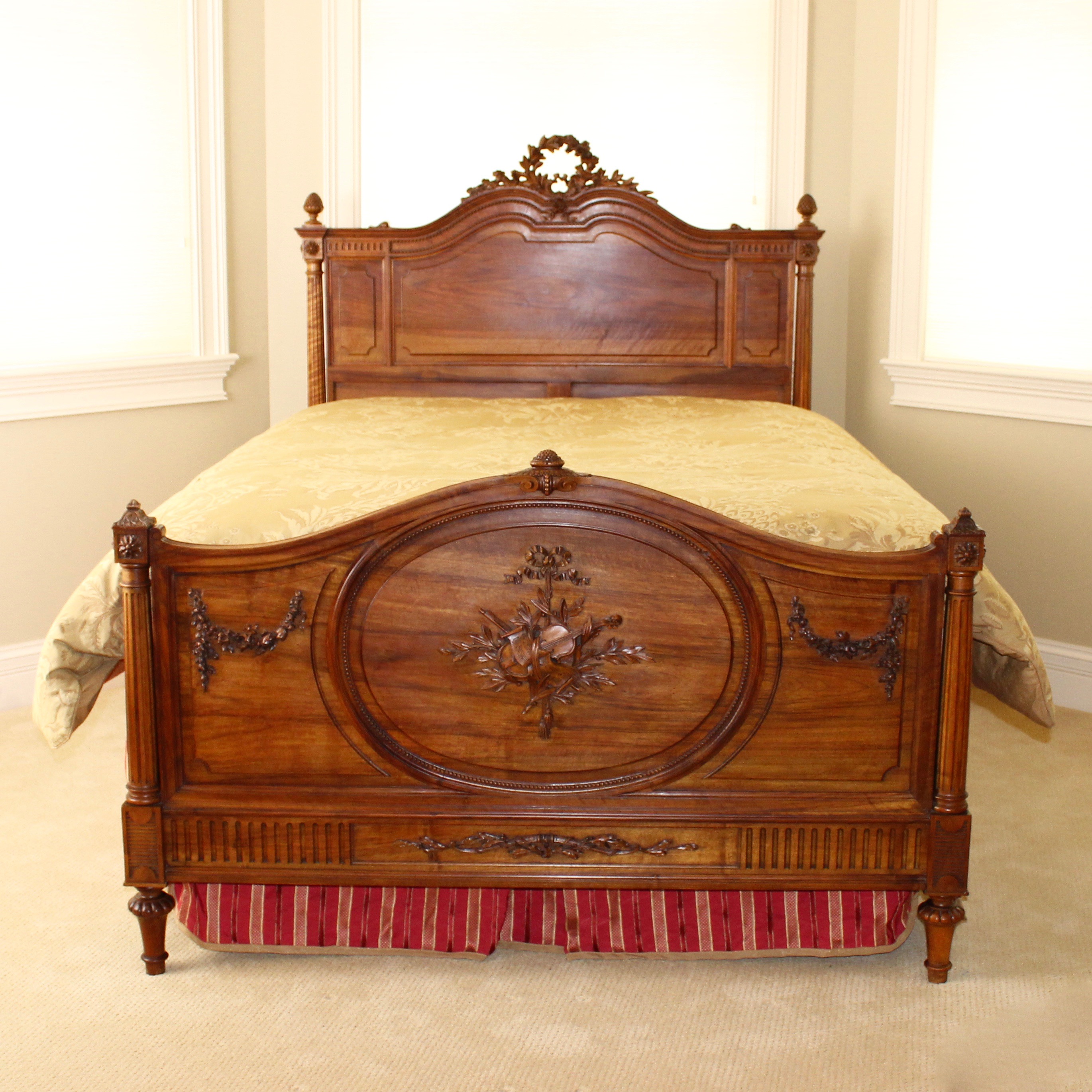 Antique French Louis XVI-Style Bed Frame With Queen-Size Mattress Set