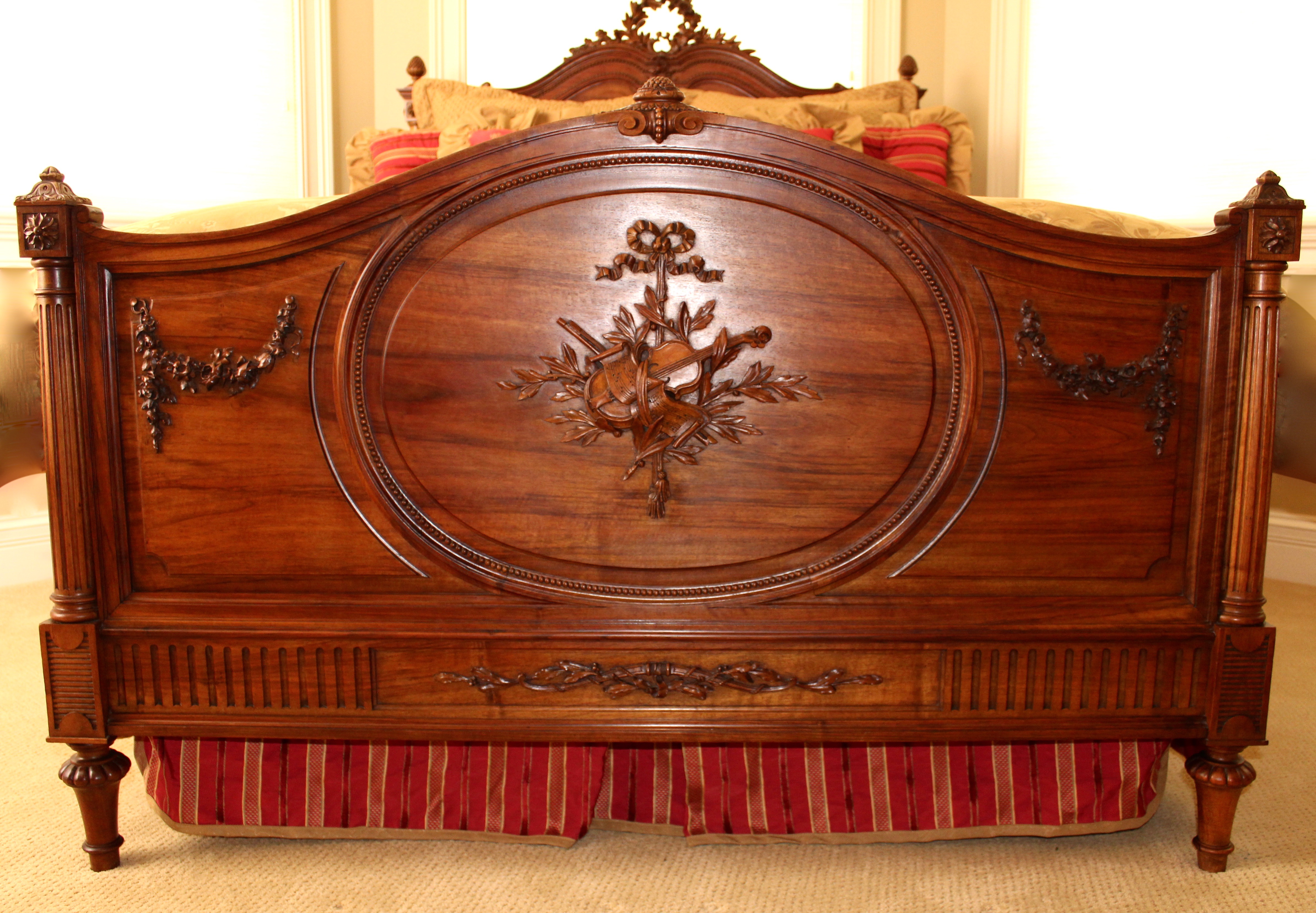 Antique French Louis XVI-Style Bed Frame With Queen-Size Mattress Set