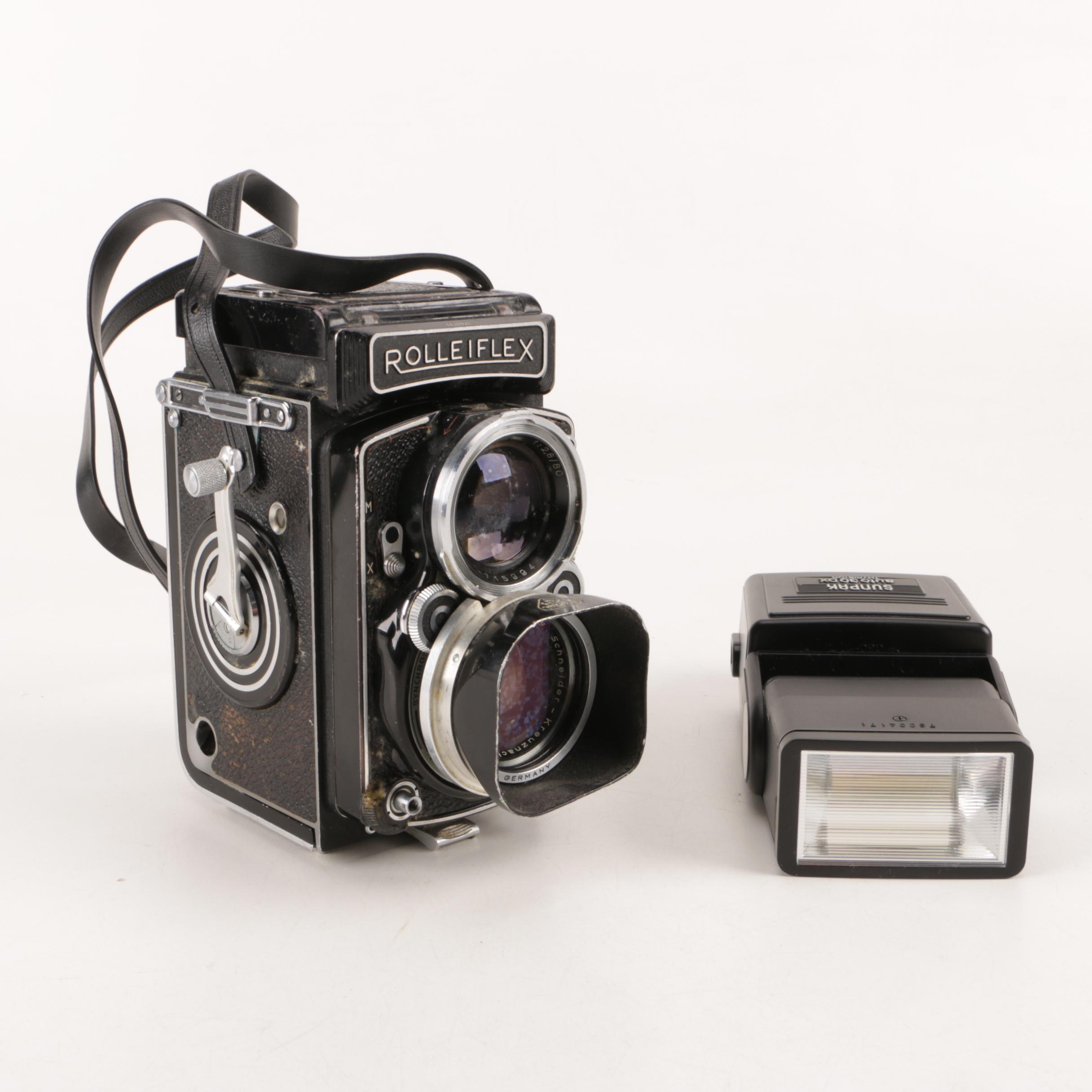 Vintage Rolleiflex Camera and Sunpak Flash