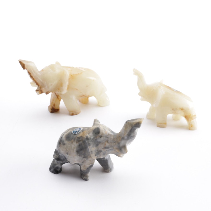 Marble and Calcite Elephant Figurines