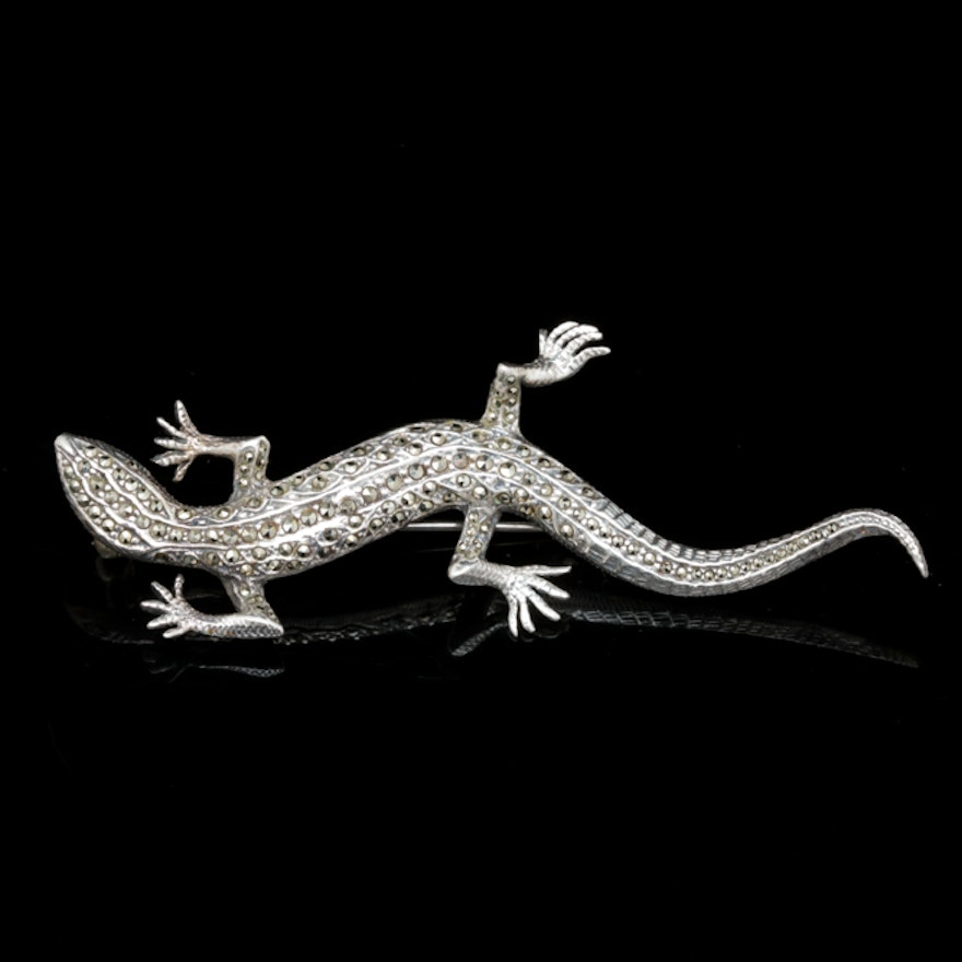 Sterling Silver and Marcasite Lizard Brooch