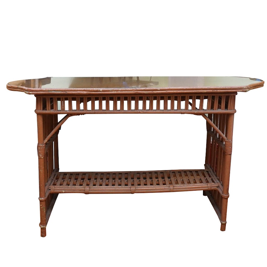 Vintage 1920s Glass Top Rattan Console Table