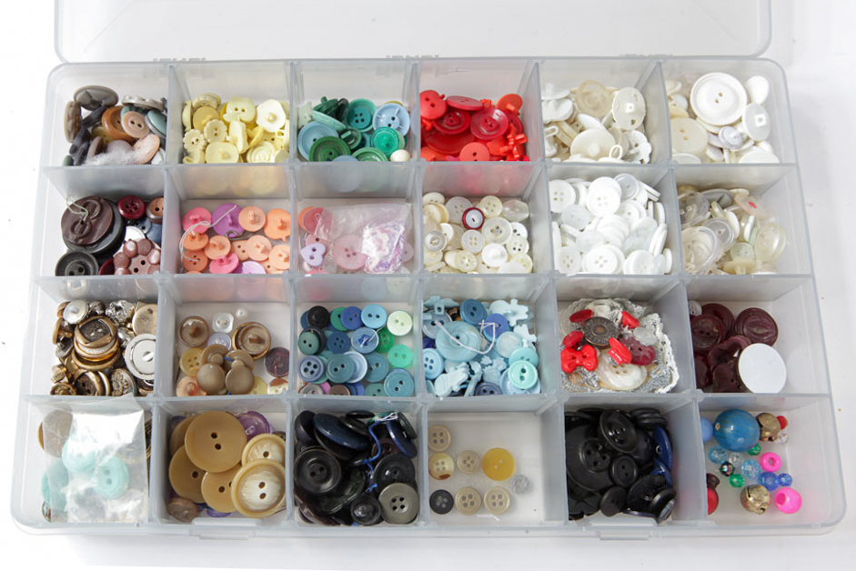 Sewing Thread Rack and Assorted Buttons