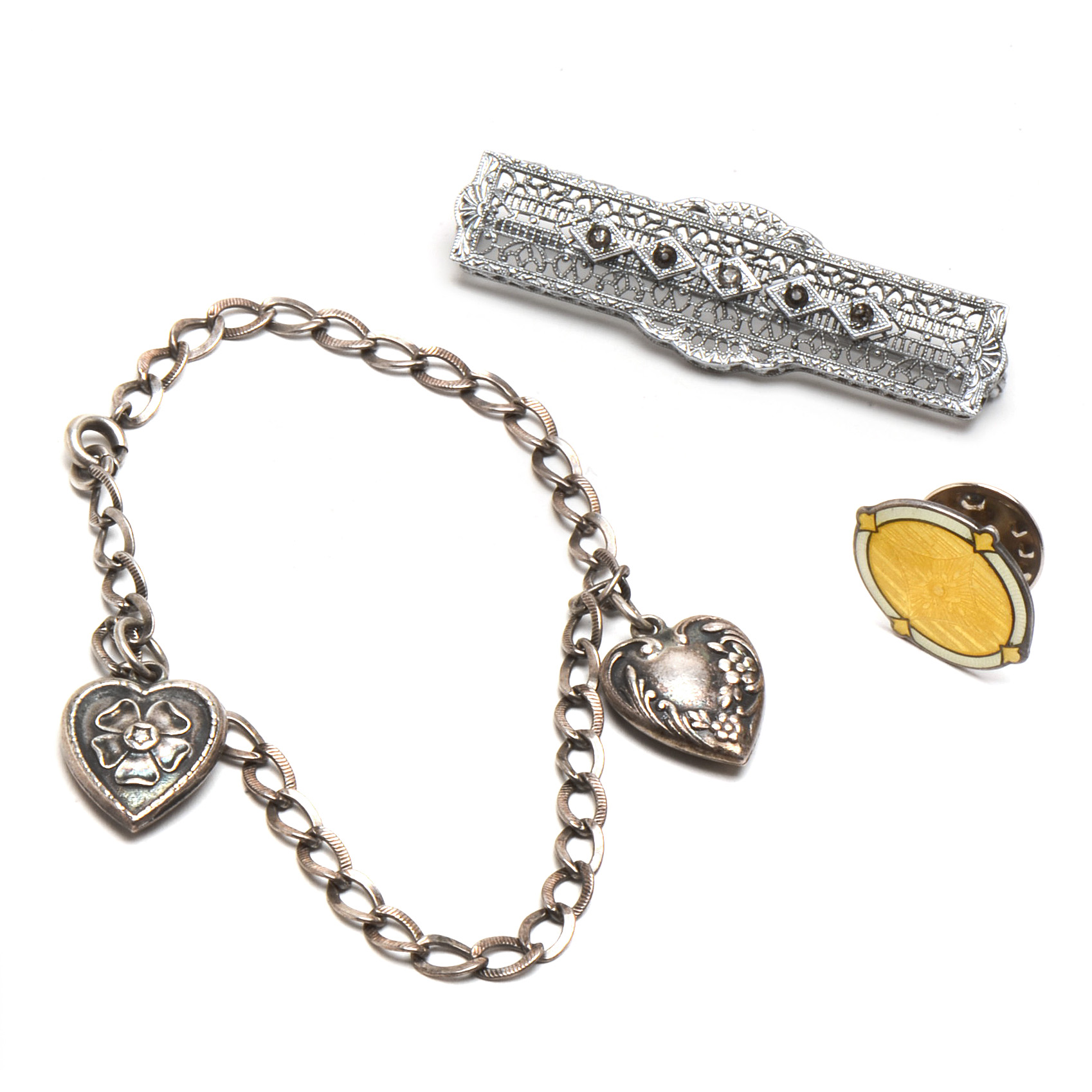 Vintage Sterling Enamel Pin, Puffy Heart Bracelet and a Bar Pin