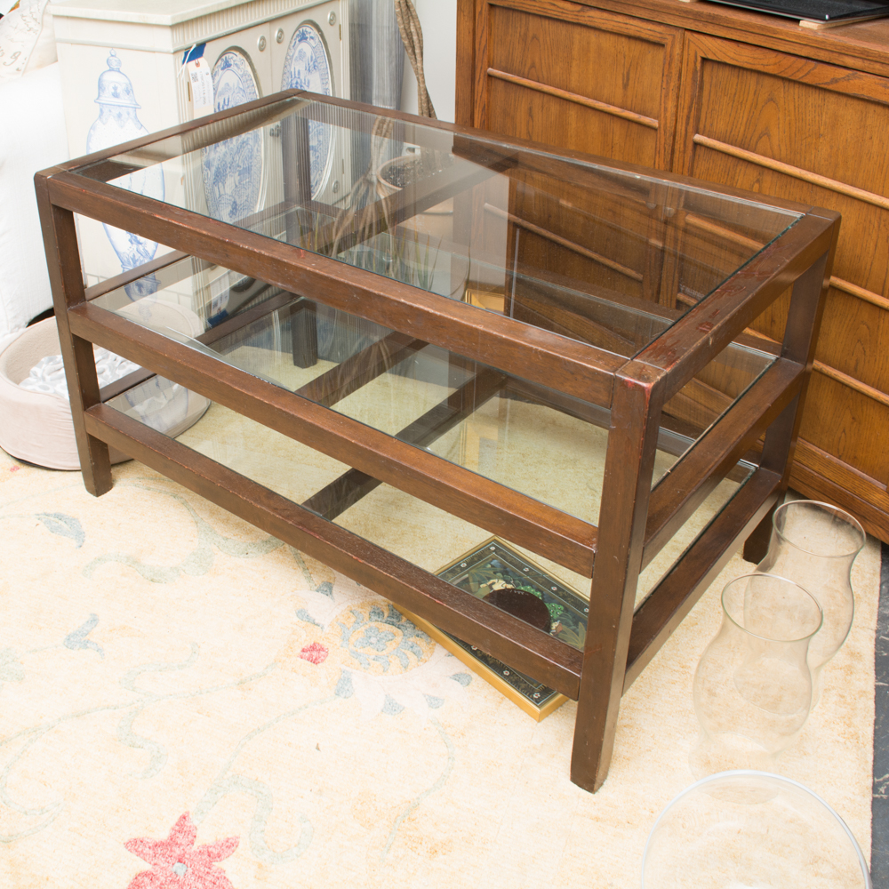 Three Tiered Wood Framed Table With Glass