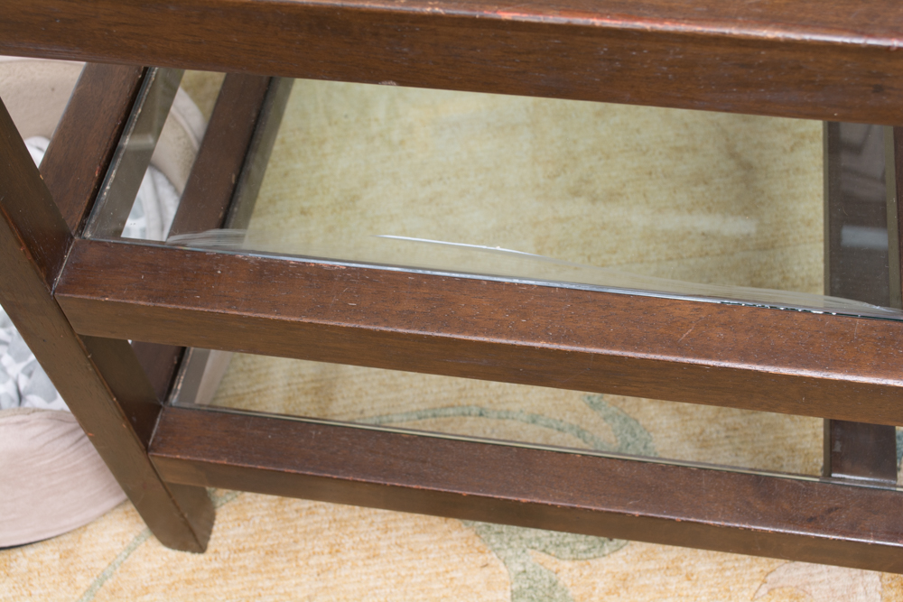 Three Tiered Wood Framed Table With Glass
