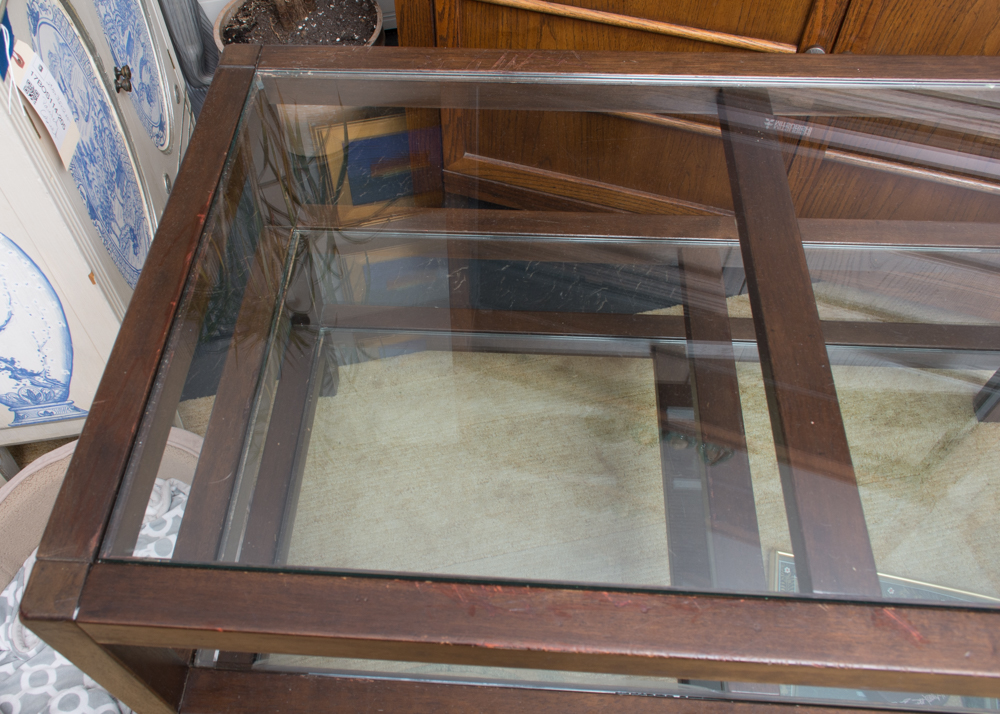 Three Tiered Wood Framed Table With Glass