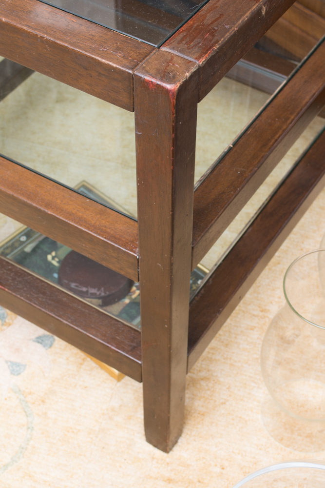 Three Tiered Wood Framed Table With Glass
