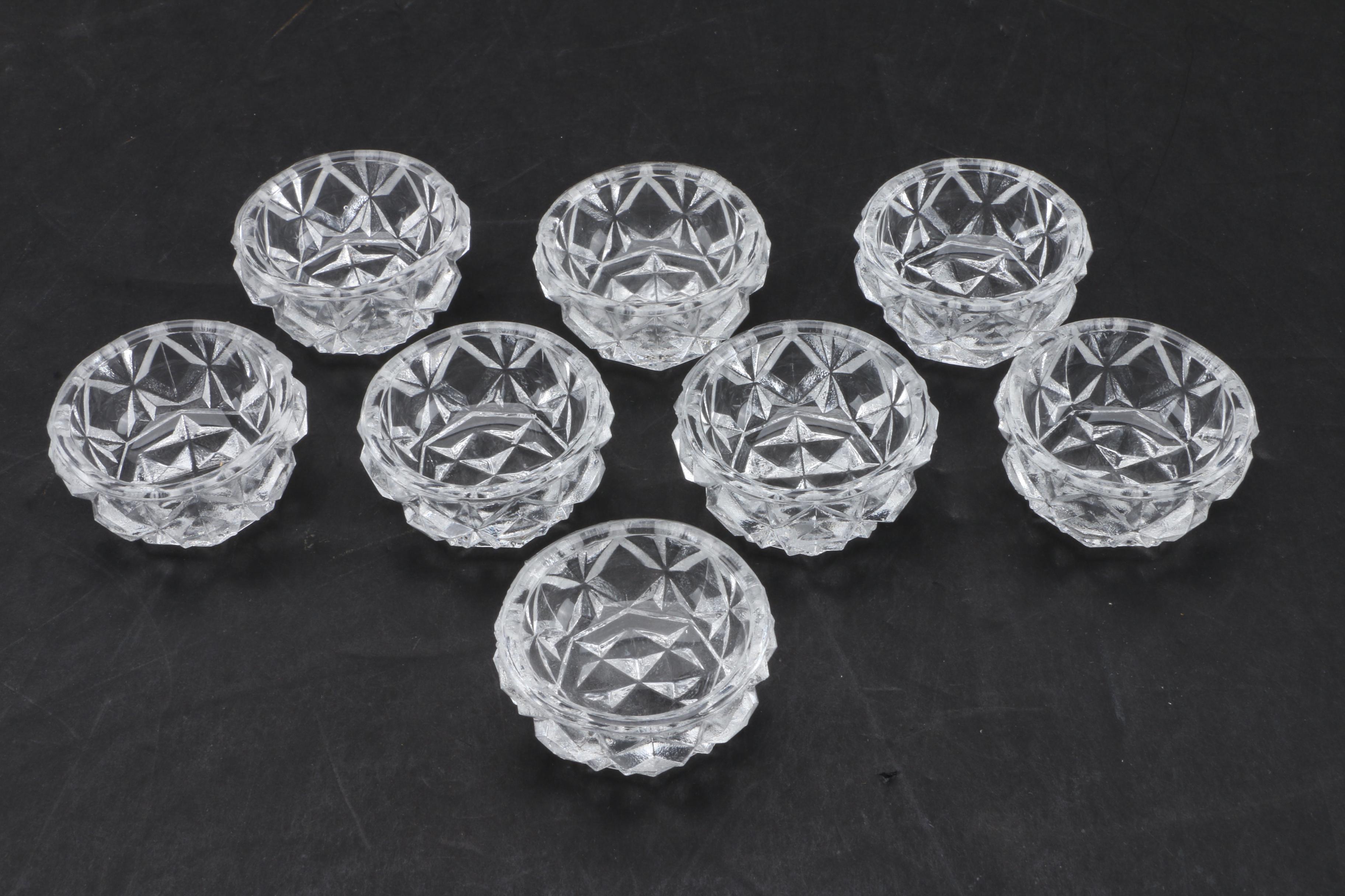 Eight Vintage Cut Glass Salt Cellars with Spoons
