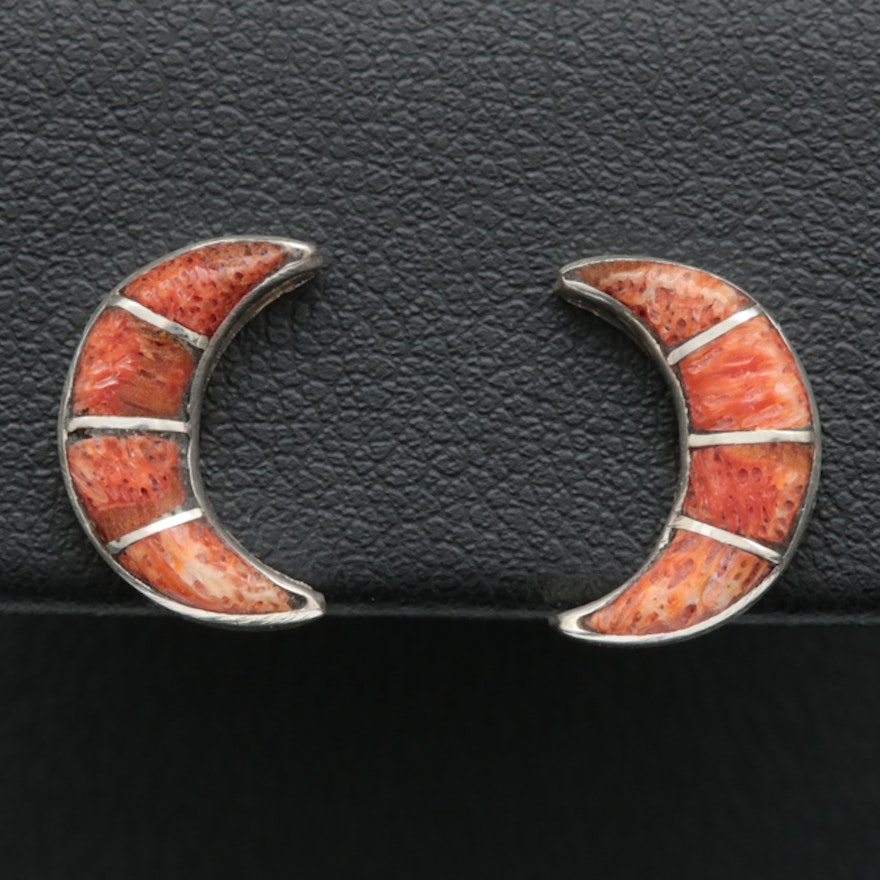 Sterling Silver and Coral Crescent Moon Earrings