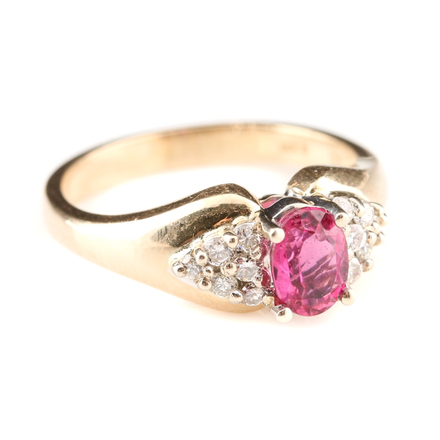 14K Yellow Gold Pink Tourmaline and Diamond Ring