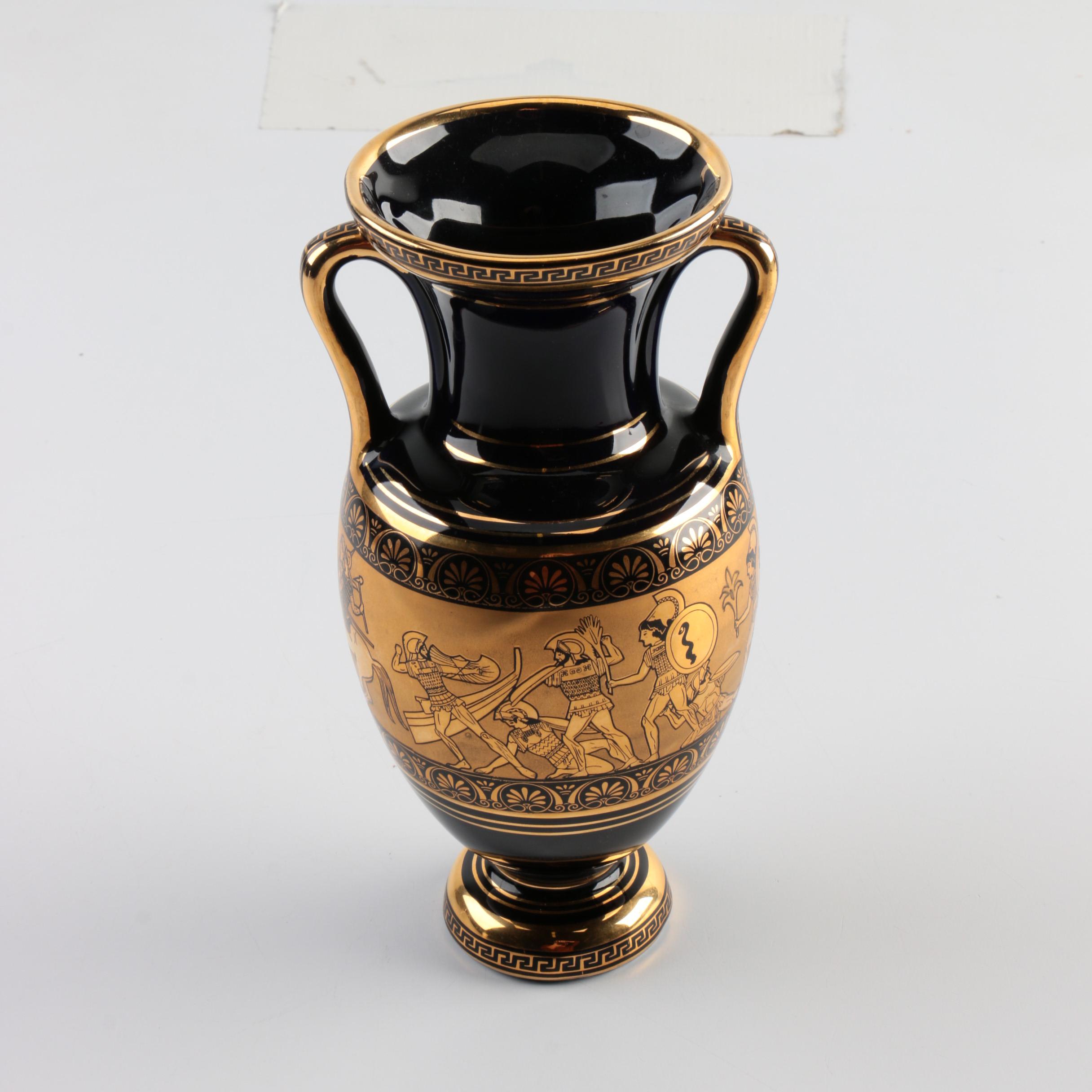 Greek Spyropoulos Cobalt Blue Ceramic Vase With 24K Gold Designs