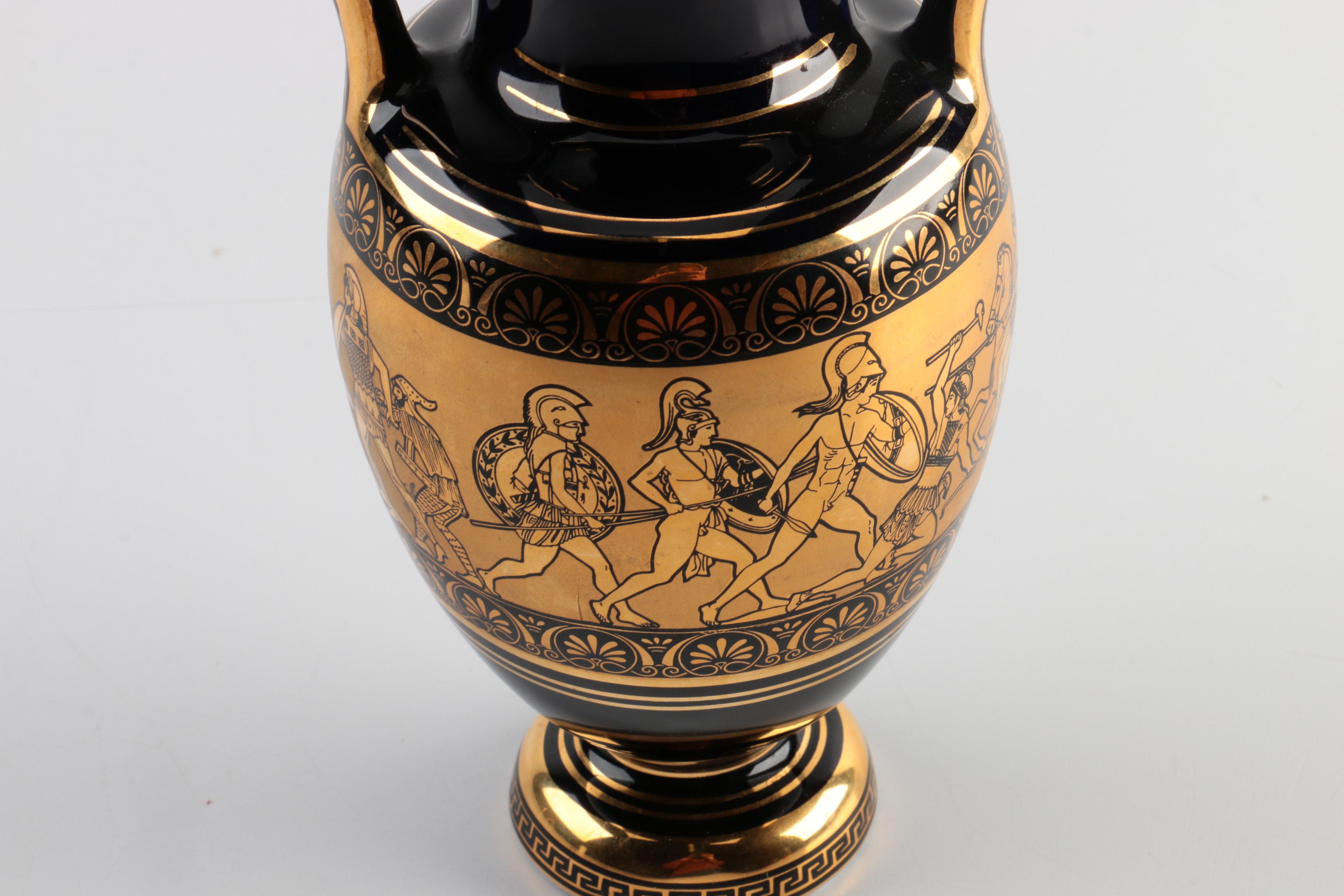 Greek Spyropoulos Cobalt Blue Ceramic Vase With 24K Gold Designs