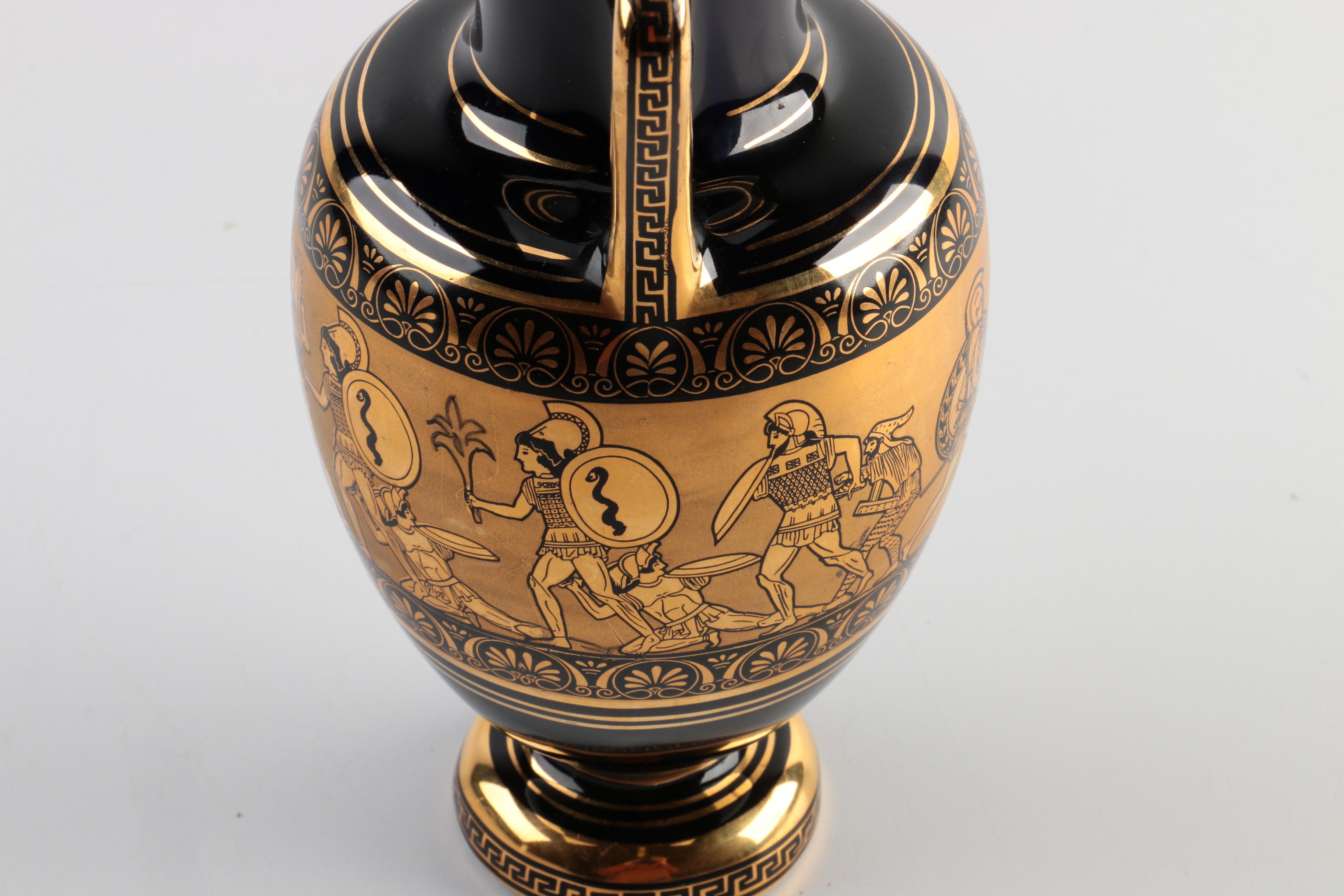 Greek Spyropoulos Cobalt Blue Ceramic Vase With 24K Gold Designs