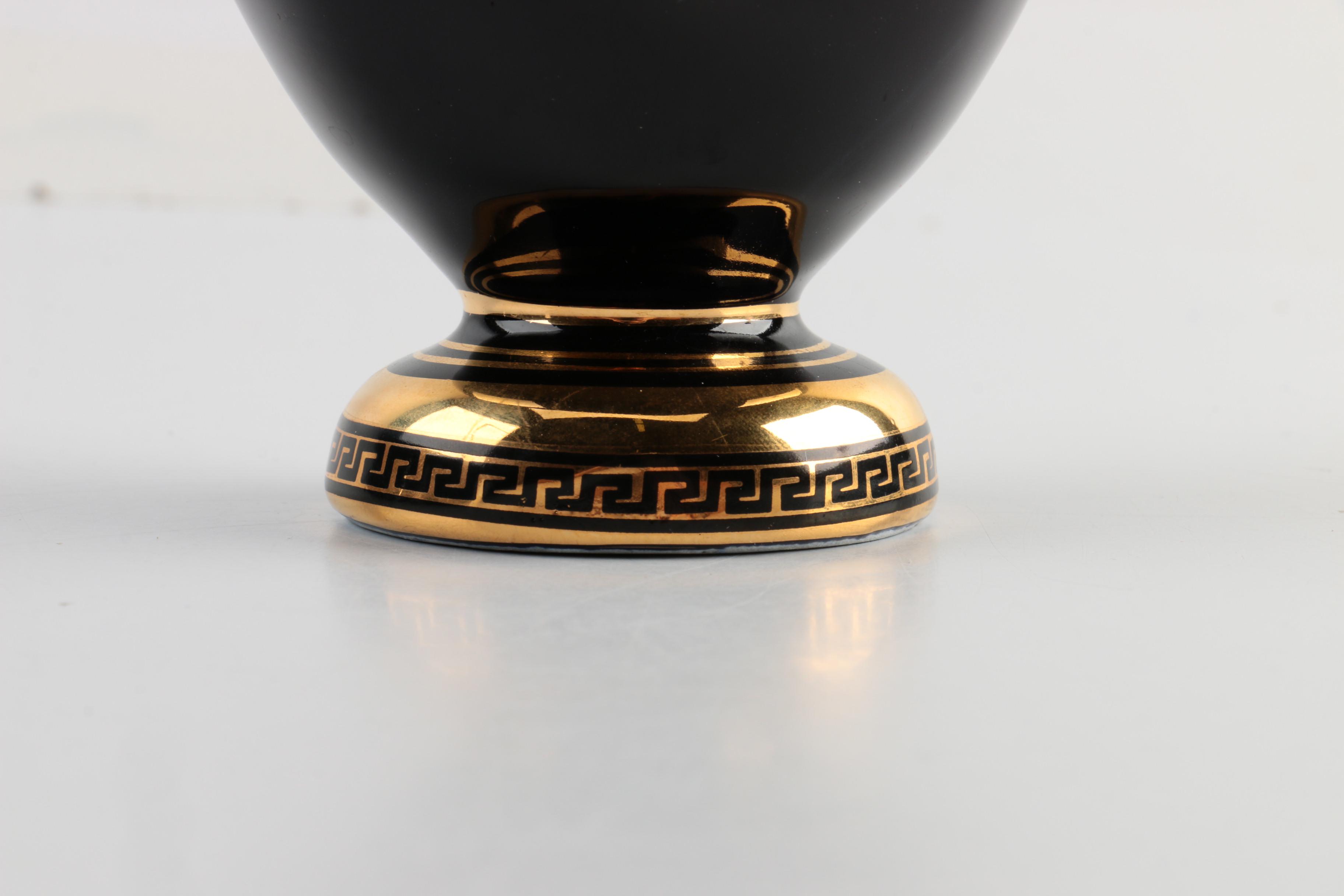 Greek Spyropoulos Cobalt Blue Ceramic Vase With 24K Gold Designs