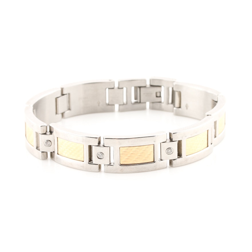 Stainless Steel and 18K Yellow Gold Diamond Link Bracelet