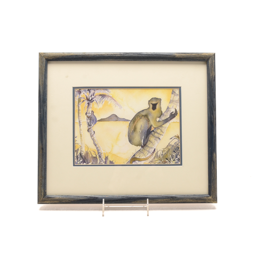 Rosie Cameron Smith Signed Watercolor Painting of a Green Vervet