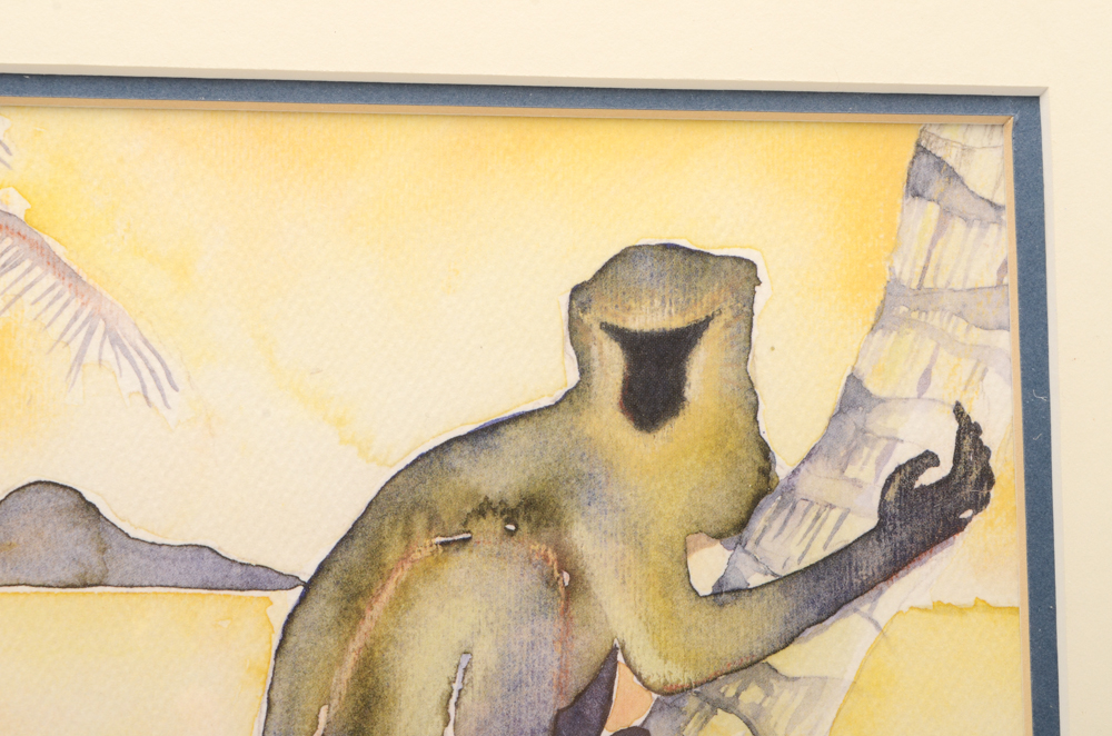 Rosie Cameron Smith Signed Watercolor Painting of a Green Vervet