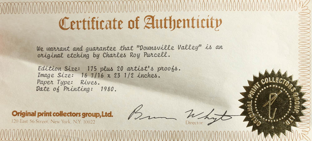 Charles Roy Purcell Limited Edition Etching "Downsville Valley"