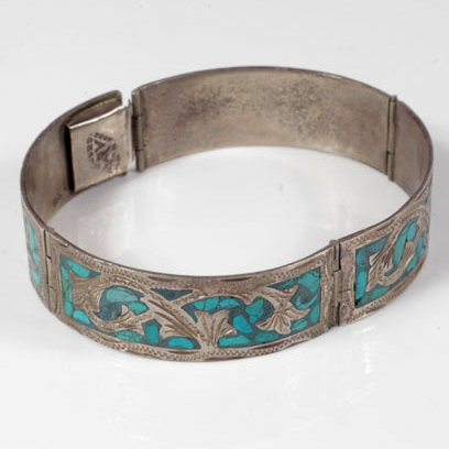 Mexican Influenced Sterling Silver and Turquoise Mosaic Bracelet