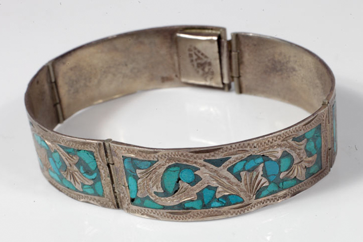 Mexican Influenced Sterling Silver and Turquoise Mosaic Bracelet
