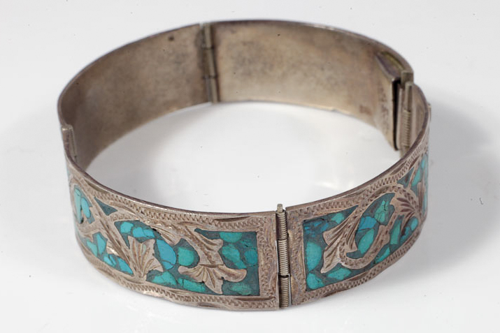 Mexican Influenced Sterling Silver and Turquoise Mosaic Bracelet