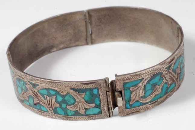 Mexican Influenced Sterling Silver and Turquoise Mosaic Bracelet