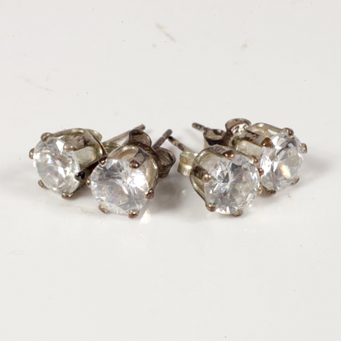 Vintage Sterling Silver and Faceted Glass Solitaire Stud Earrings