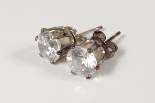 Vintage Sterling Silver and Faceted Glass Solitaire Stud Earrings