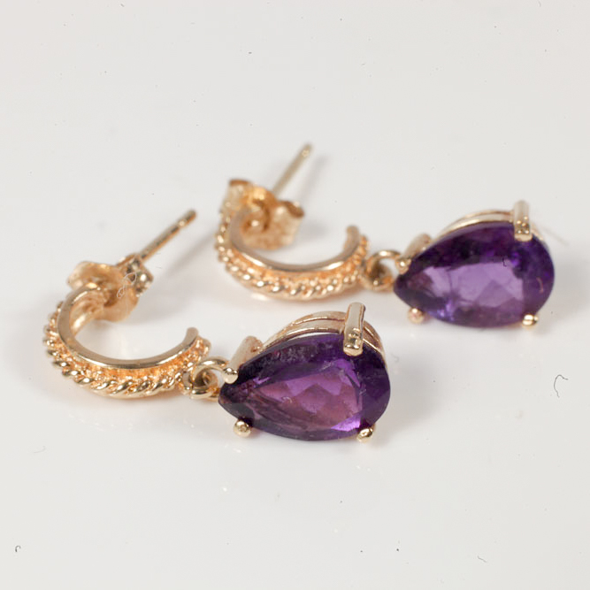 14K Yellow Gold and Pear Cut Amethyst Dangle Earrings