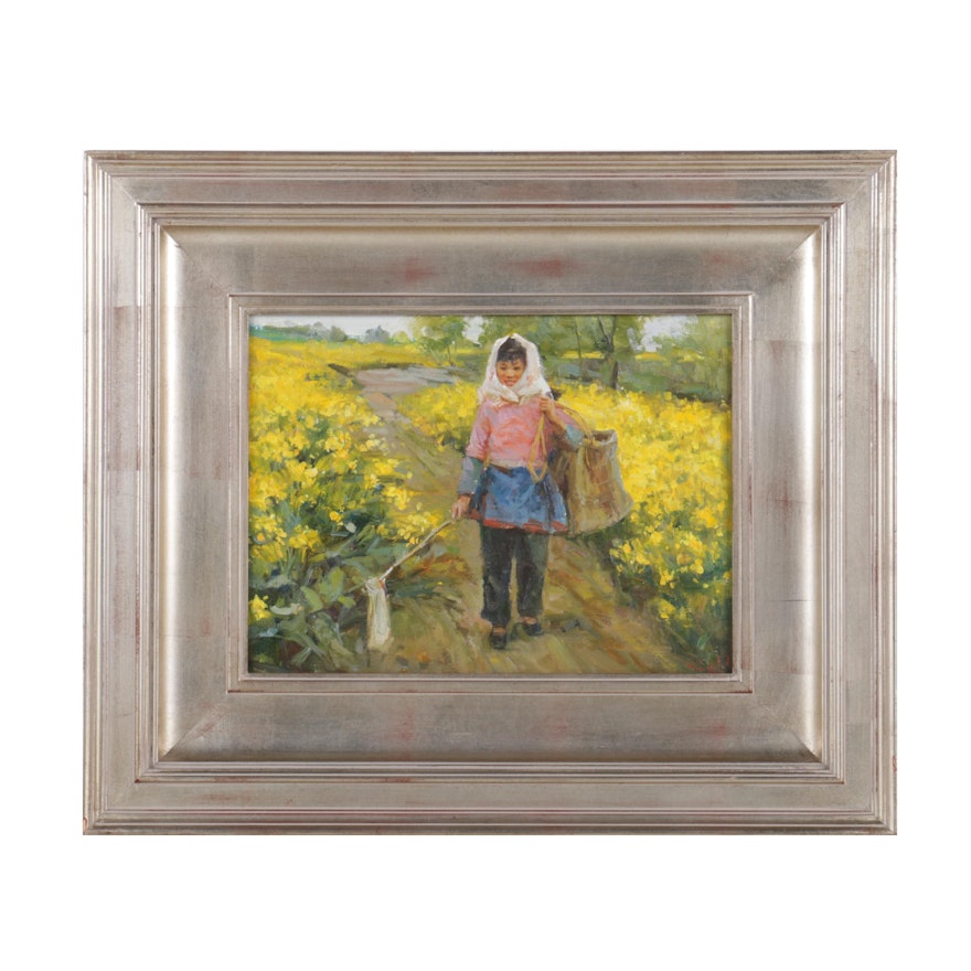 Oil Painting of Farmer in Field of Yellow Flowers