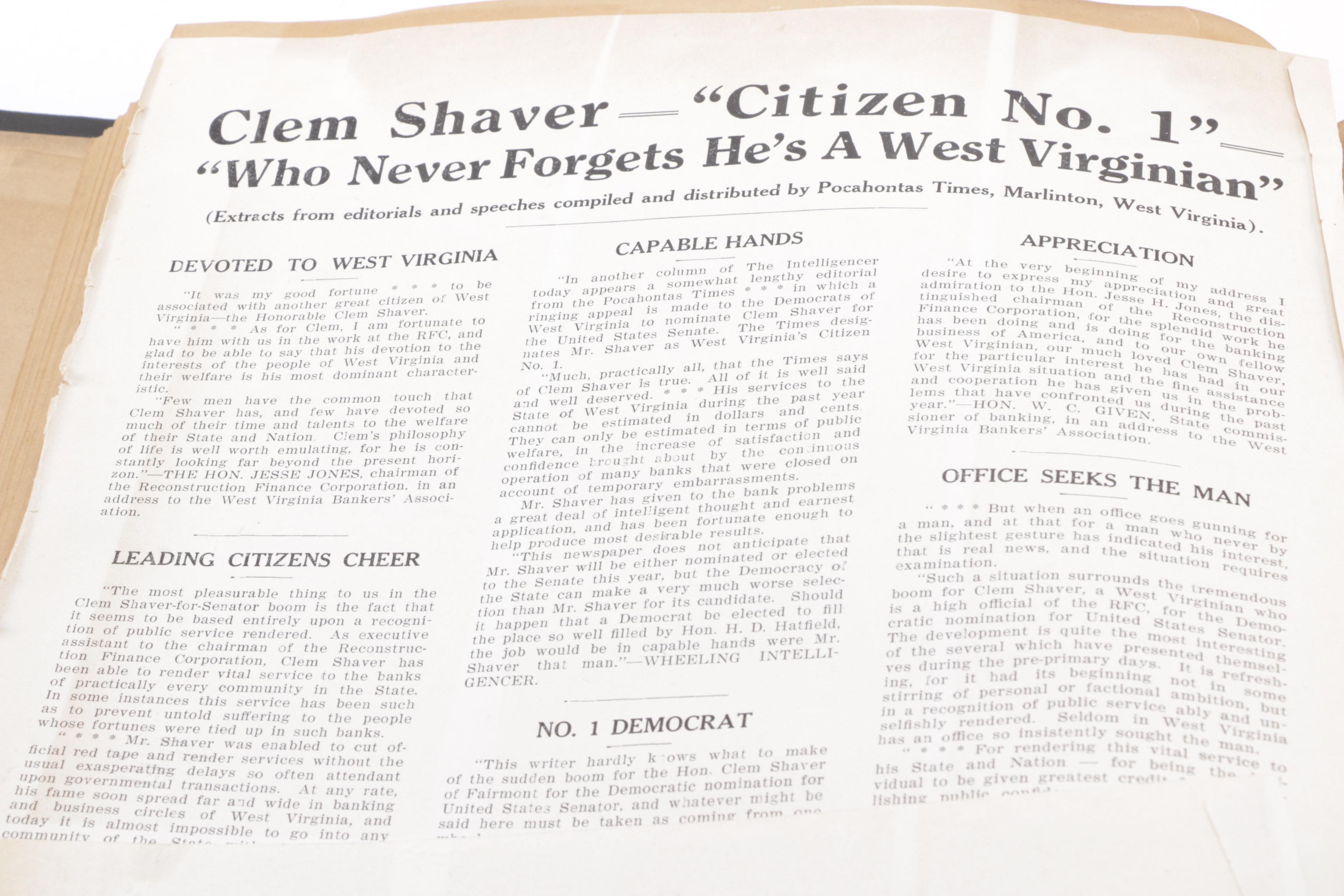 DNC Chairman Clem L. Shaver Newspaper Clippings and Other Ephemera