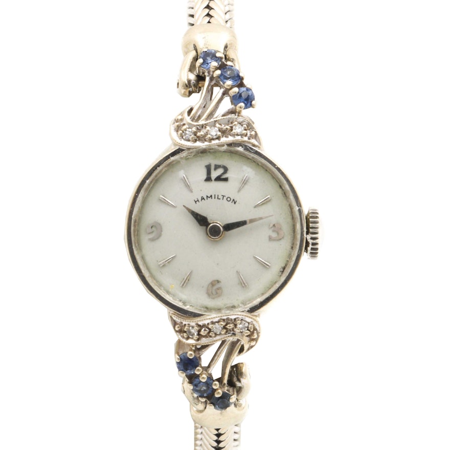 Hamilton 14K White Gold Diamond and Sapphire Bracelet Wristwatch