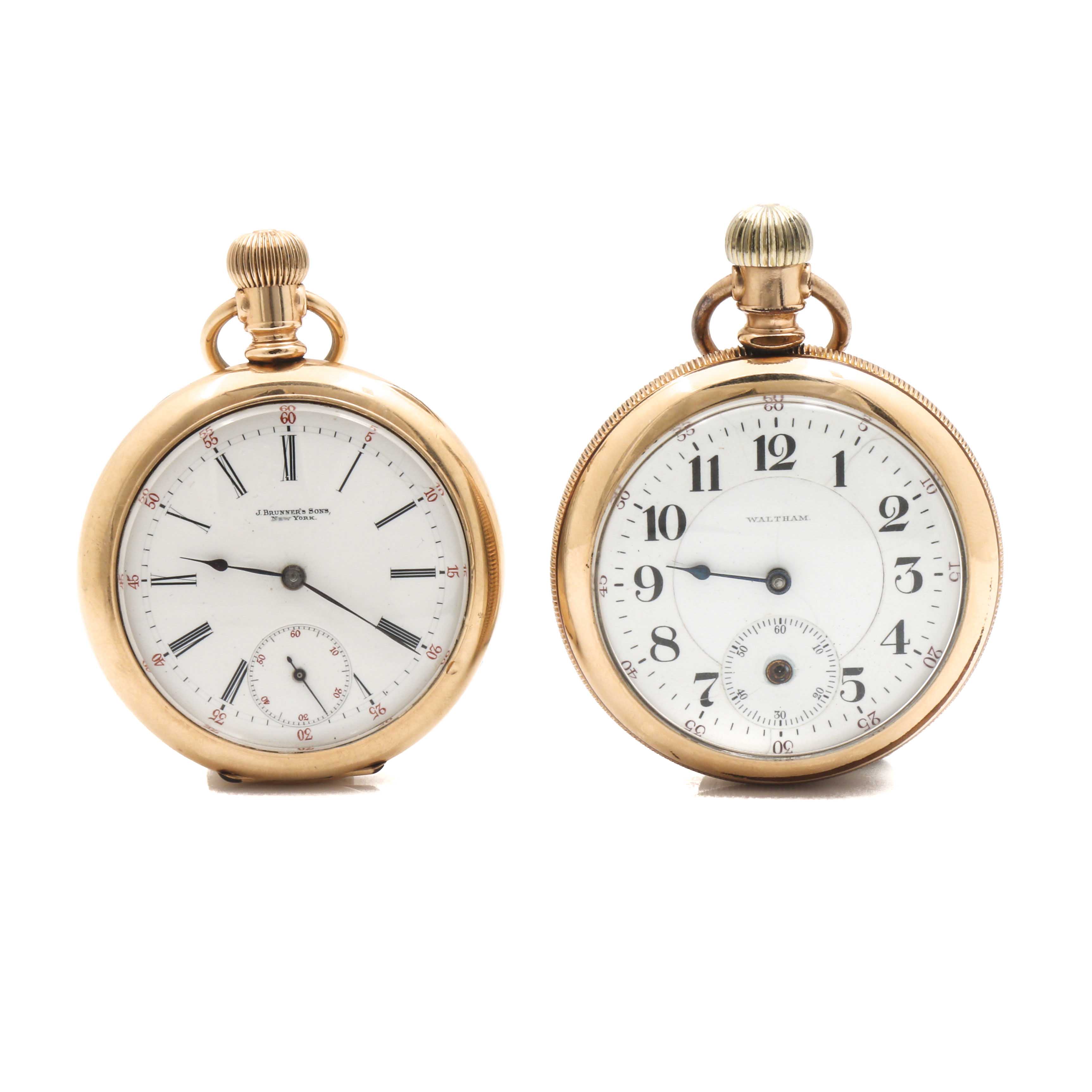 Waltham and J Brunner's Sons Yellow Gold FIlled Open Face Pocket Watches