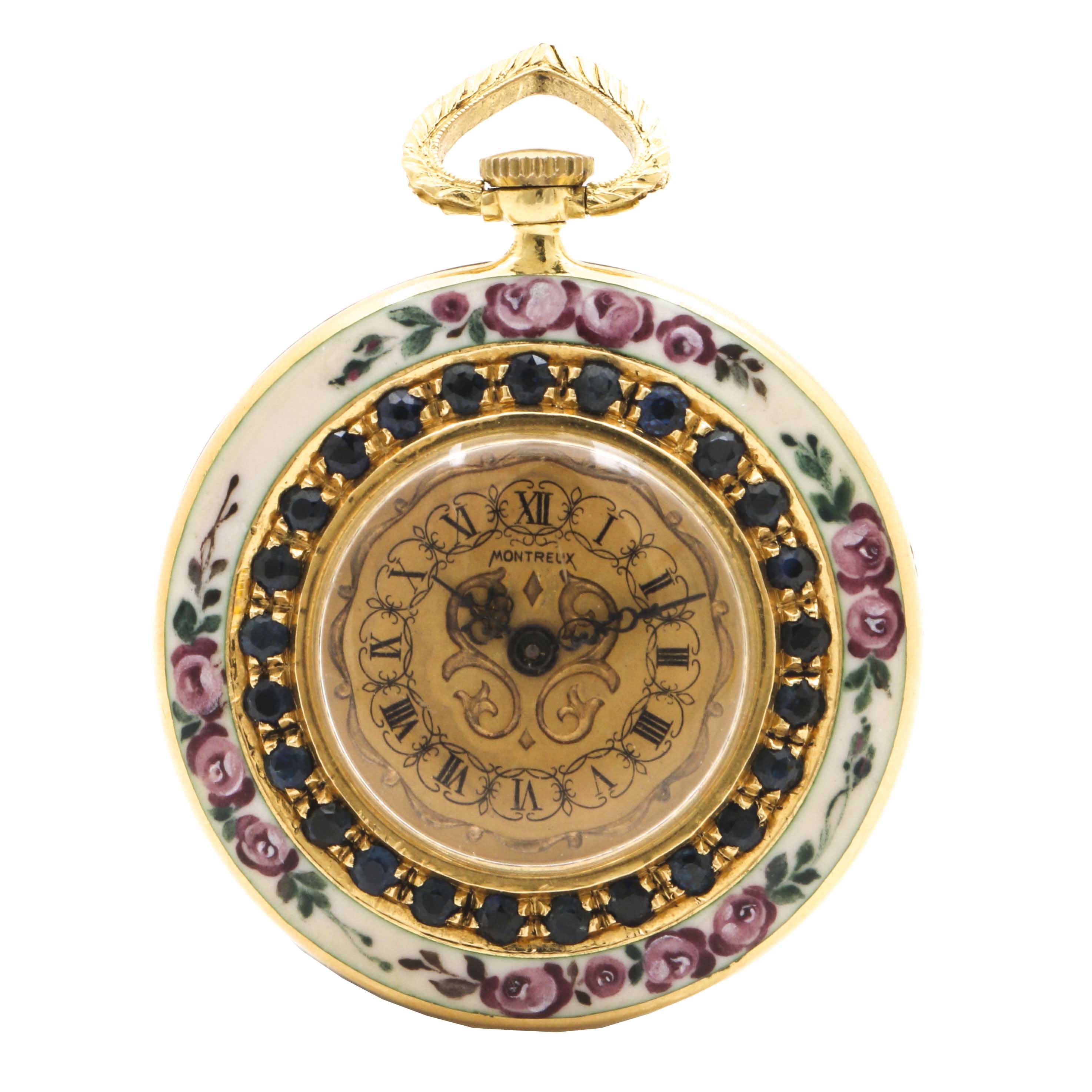 Montreux 18K Yellow Gold Sapphire and Painted Enamel Pendant  Pocket Watch
