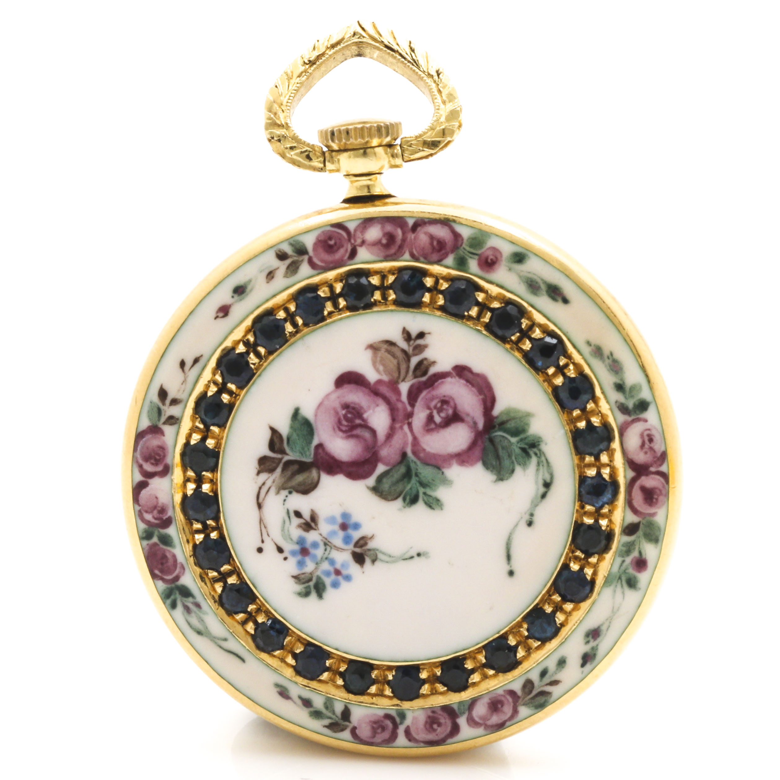 Montreux 18K Yellow Gold Sapphire and Painted Enamel Pendant  Pocket Watch