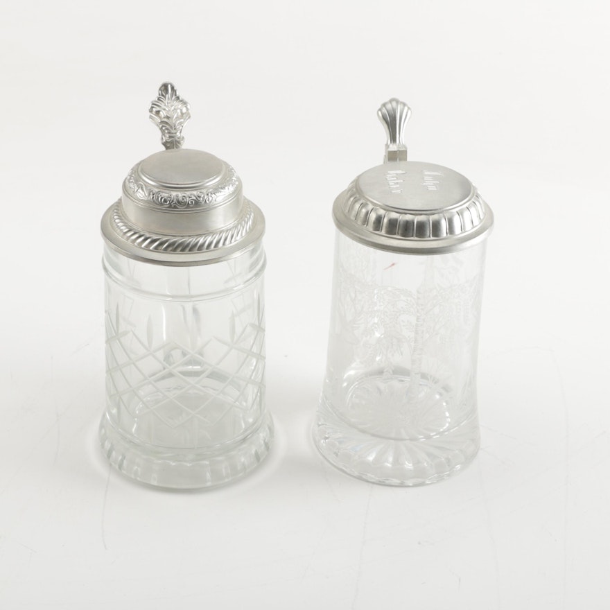 Italian and German Etched Glass Beer Steins with Pewter Lids