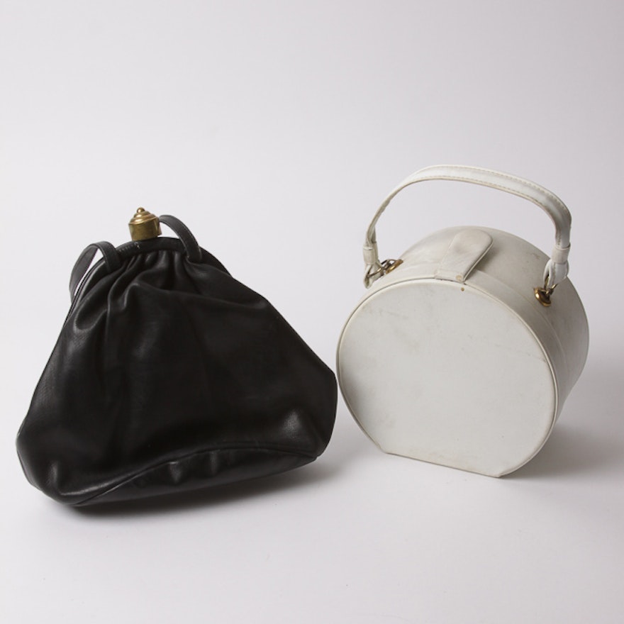 Black Bucket Bag and Round White Handbag